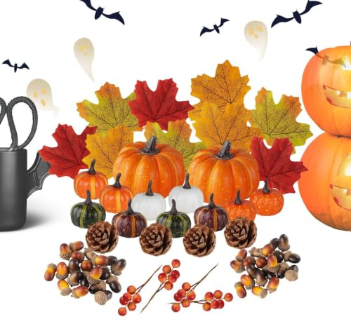 Artificiella Pumpor 162 Stycken Thanksgiving-Löv, Och Tallkottar | Höst Set Med Konstgjorda Höstpumpor För Att Dekorera Din , Bondgård, Fönsterbräde, Matbord Och Spiselkransen