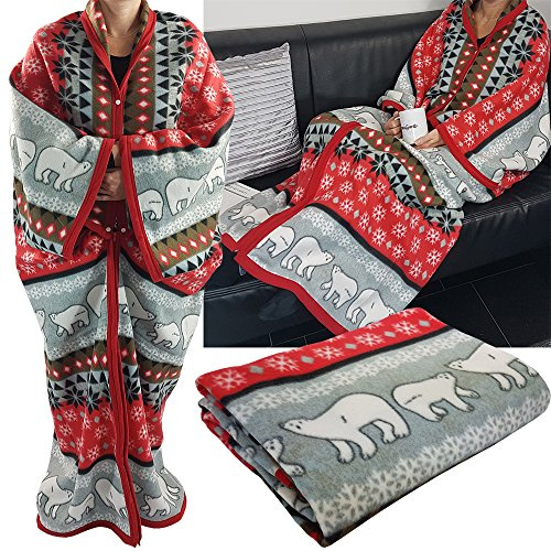 DILUMA 2er Pack Kuschel-Decke Cozy Bears mit Ärmeln 150 x 170 cm Partnerset TV-Decke/Ärmel-Decke aus Microfaser kuschelige und wärmende Wohn-Decke, Farbe:Rot