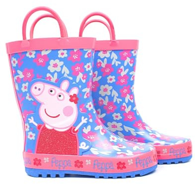 Peppa Pig Wellies Easy-on Handles Bottes de Pluie Bleu Rose pour Fille de Fleur 24 EU