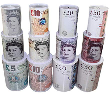 T&B Extra Large Cash Tin With Money Patterns On - Perfect For Storing, Saving And Banking Money For Children - Can Be Used At Fairs, Homes And Offices (Randomly Chosen)