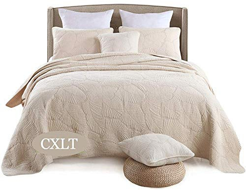 CXLT Tagesdecken Doppelte Gesteppte Bedspread 3 Stück 100% Baumwolle Bestickt Quilt Bettueberwurf Multifunktions Vier Jahreszeiten Bettdecke/Decken Mit Kissenbezug,Beige-King:250cmx270cm+50x70cmx2