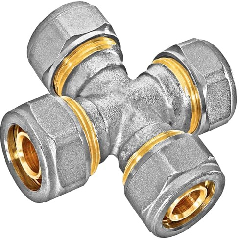 MegaHaustechnik Kreuz-Stück Schraubfitting für Mehrschichtverbundrohr 16x2 mm (AußenØ x Wandstärke) aus Messing Verschraubung 4-fach Verbinder Kupplung Trinkwasser geeignet
