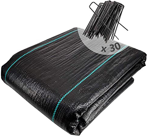 VOUNOT Weed Control Membrane 2m x 10m, with 30 Securing Pegs, Heavy Duty Weed Control Barrier Fabric, Landscape Ground Cover Suppressant Membrane for Garden, UV Stabilised
