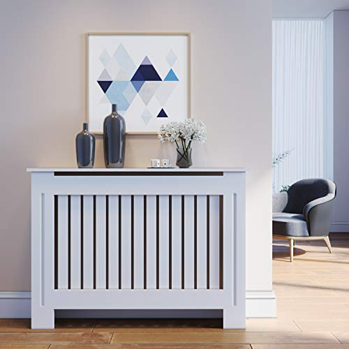 SONNI Cubierta de Radiador Blanco Moderno,Madera,Listón Vertical,Cubre de Calefacción Mediano 112x19x81.5cm