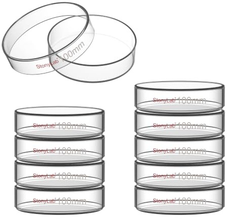 Stonylab 10pz Piastre Petri Vetro, 100x20 mm Piastre per Colture Cellulari in Vetro Borosilicato Autoclavabili Piastre Petri con Coperchio Trasparente per Laboratorio