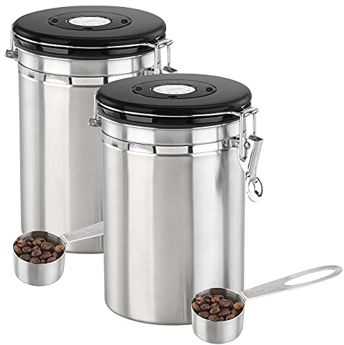 Rosenstein & Söhne Aufbewahrung: 2er-Set Kaffeedosen mit Kalenderblatt, C02-Freigabeventil & Messlöffel (Vorratsdose, Teedose, Kaffeekapsel)