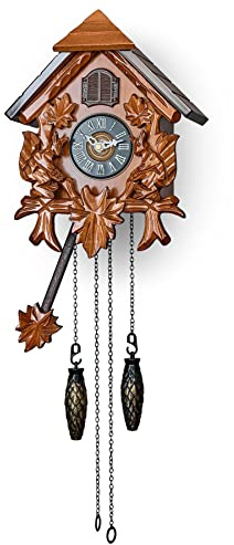 TIMEGEAR Cuckoo Wall Clock with Night Mode in Traditional German Style with Carved Squirrels (Cherry)