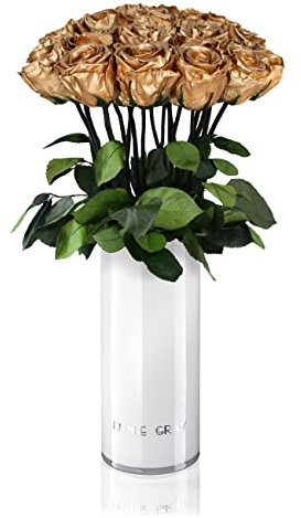 EG EMMIE GRAY Classic Vase Set | Long Stem Infinity Rosen inklusive weißer Glasvase - Luxuriöser Rosenstrauß aus echten Premiumrosen, die 1-3 Jahre halten, haltbare Rosen, (Gold, 15 Rosen)