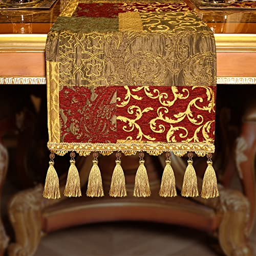 Loom and Mill Luxury Jacquard Table Runner 72 inches Long, Patchwork Design Chenille Dining Table Runners with Tassels for Holiday Table Setting Dresser Kitchen Party(Rectangle-Red Gold,13”x72”)