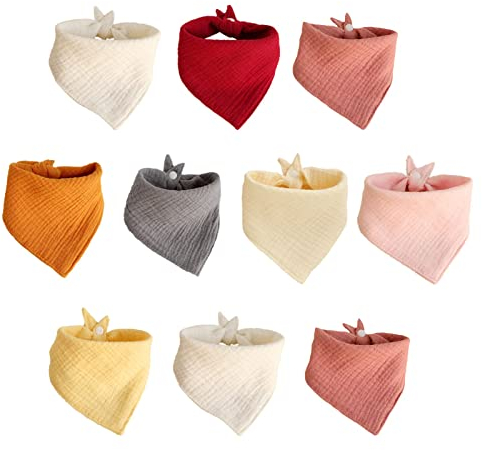 TOFFCAEA 10 Stück Lätzchen Baby Absorbierende Dreieckstuch, Vier Stockwerke Weiche & Absorbierende Musselin Halstüch, mit Verstellbares Druckknopf, für Jungen, Mädchen Neugeboren, Unisex