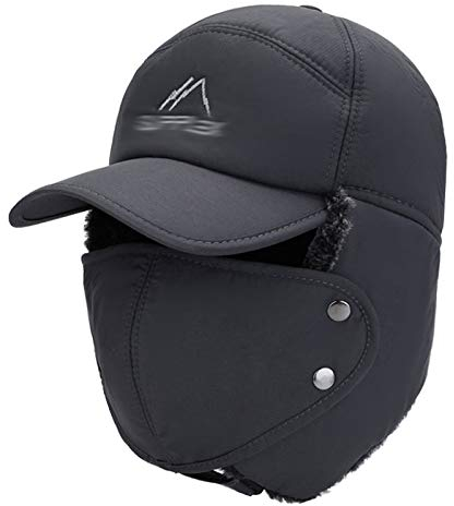 MEGAUK Herren Winter Warm Fliegermütze Trappermütze Bomber Hut Kunstfellmütze Fellmütze Pilotenmütze Wintermütze Baseball Cap Trooper Hut mit Ohrenklappen Mundschutz (Grau)