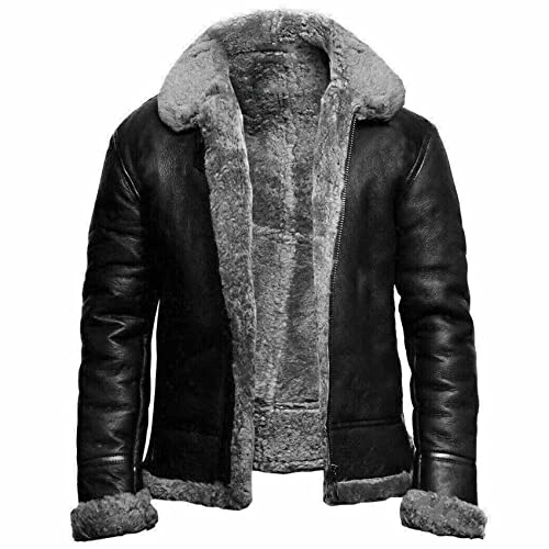 NLAVW Herren Flying Winter Jacket,Shearling Lederjacke Bomber Warm Filling Biker Motorrad Pelz Mantel Jacke
