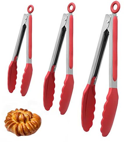 Küchenzange Edelstahl, 3er-Set Grillzange Kochzange mit Silikonspitze, Verriegelbare Metallzange Fleischzange Brotzange zum Kochen Grillen 21cm, 27cm, 34cm Lange Zange Küche