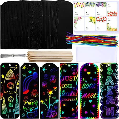 Winlyn 48 Sets 6 Styles Magic Color Scratch Bookmarks Making Craft Kits DIY Rainbow Scratch Paper Bookmarks with Scratching Tools Ribbons Art Sets for Kids Students Party Favors Classroom Activities