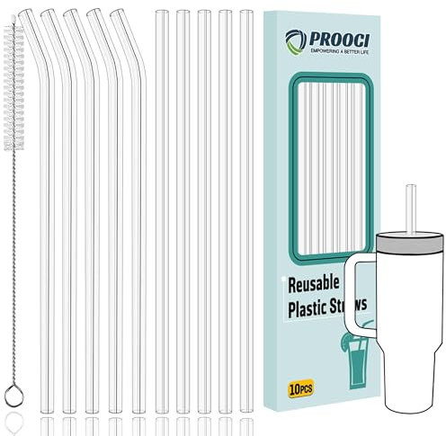 10-Pack 12 Replacement Drinking Straw for 30oz-40oz Stanley Cup, PROOCI Extra Long Reusable Straws with Cleaning Brush, Clear Plastic Straw for Cocktails, Juice, Tea | Food Grade Tritan | BPA-Free