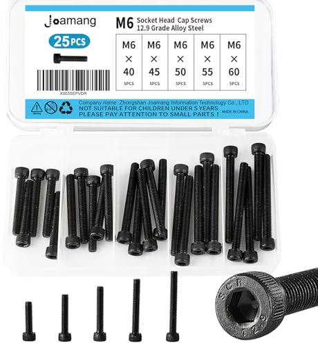 Joamang M6 x 40mm 45mm 50mm 55mm 60mm Hex Socket Head Cap Screws Bolts, 12.9 Grade Alloy Steel, Black Oxide Finish, Metric Allen Drive, Fully Threaded, Assortment Kit 25Pcs