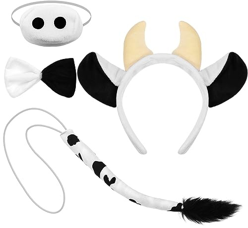 XEPST Tier Kuh Kostüm Set, Kuhohren und Schwanz Set mit Kuhohren Stirnband Fliege Nase Kuhschwanz für Tierkostüm Cosplay Geburtstagsparty Halloween Kostüm Kostüm Partyzubehör, Kuh-B