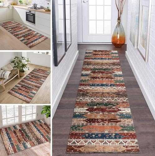 Boho Teppich Läufer Flur Küche rutschfest waschbar Teppichläufer Lang 80X280CM Vintage Modern Polyester Küchenläufer Teppich Meterware Korridor Tepiche Esszimmer Eingang Wohnzimmer Schmutzfangmatte