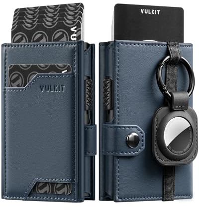 VULKIT Airtag Wallet with Keyring Leather Mens Pop up Credit Card Wallet with Air Tag Holder Trifold ID Window RFID Blocking（Blue）
