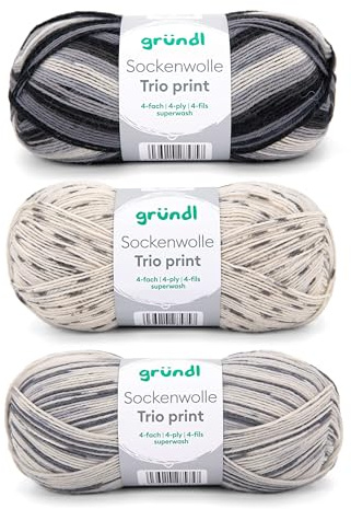 Gründl Wolle Sockenwolle Trio - Strickgarn für 3 Paar Socken - Strapazierfähig und hautfreundlich - 75% Schurwolle, 25% Polyamid - 3 Knäuel 100 g / 420 m - Nadelstärke 2,5-3 - grau beige