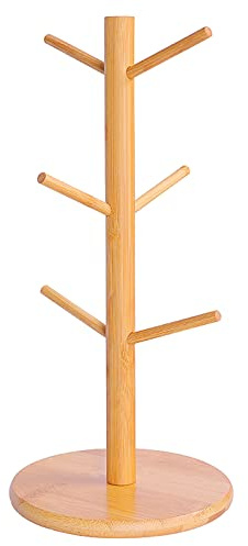 Bambus-Tassenhalter,Becherhalter aus Holz,Tassenhalter aus Holz,Kaffeetassenbaum, Bambus-Kaffeetassen-Gestell mit 6 Haken und Beschwerter Basis,Becherhalter Baum,Arbeitsplatten-Tassenbaum für Becher