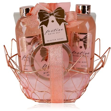 Accentra – Duschset Frauen Geschenkset FESTIVE in schönen rosé Drahtkorb – 4-teiliges Pflegeset mit Duschgel, Bodylotion, Schaumbad und Körperpeeling – Geschenk Set zum Geburtstag & Muttertag