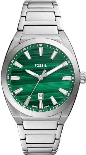 FOSSIL Orologio Everett da uomo, Movimento al quarzo con data a tre lancette e cinturino in pelle o acciaio inossidabile, 42 mm, Verde scuro