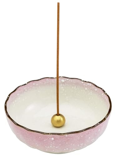 Asayu Japanese Lotus Incense Holder for Sticks 4.1 inch (105mm), Traditional Made in Japan Ceramic Ash Catcher and Brass Incense Burner Set - Pink