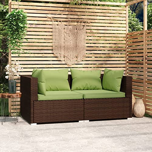 Homgoday 2-Sitzer-Sofa mit Kissen aus Polyrattan, braun, Rattan-Sofa, Garten, Außenbereich, 2-Sitzer, Braun und Grün