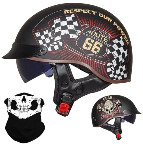 ACLFFSHOP German Style Vintage Motorcycle Jet Helmet, ECE Approved Open Face Motorbike Helmet, Retro Half Helmet, with Sun Visor and Removable inner, for Adult Men Women M~XXL