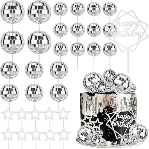 Morofme Disco Balls Cake Decorations - Silver Mirror Balls Cake Toppers 33pcs - Disco Theme Cupcake Picks - Happy Birthday Star Cake Topper for 70s 80s Birthday Dance Party Supplies