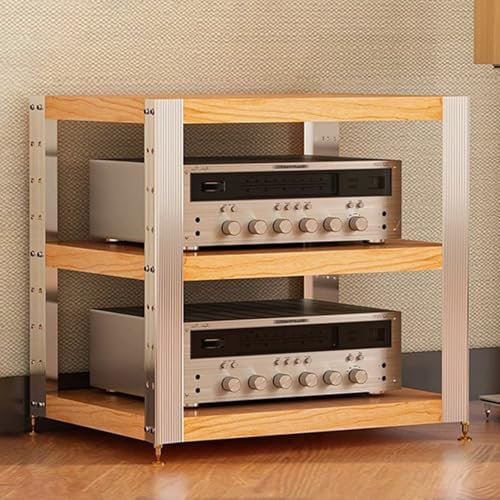 YHWKGZ Audio Rack Hi Fi Regal, Hi Fi Rack aus Massivholz, Mit stoßdämpfenden Füßen, OffenerRecord Player Stand, for Zuhause/Büro, Player-AV-Phonoschrank(Wood Color,24.6x22.6)