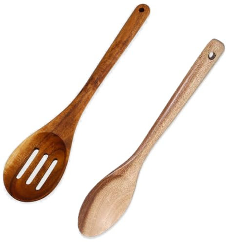 Kytpyi Cuillere en Bois, Ustensiles de Cuisine Bois, 2 Pièces Cuillere Résistant à la Chaleur Antiadhésif avec Trou de Suspension, Poignée Étendue Cuillere en Bois de Cuisine pour Cuisson Mélange