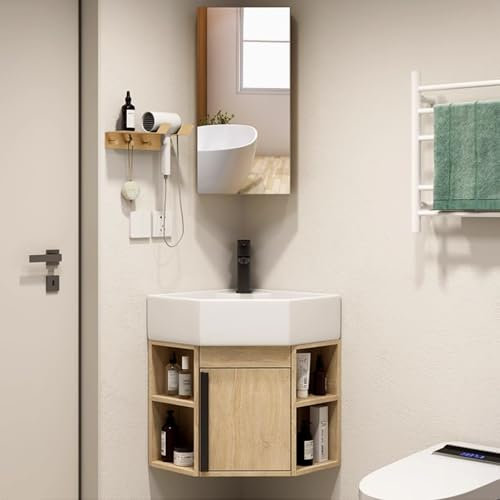 BRCYKRWY Waschbecken Waschtisch Badezimmer Dreieckiges Wandwaschbecken Eckwaschbecken Mit Unterschrank Wandmontage Klein Waschbecken Gäste Wc Porzellan Mit Wasserhahn Lagerregale