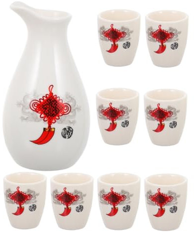PHENOFICE Ceramics Sake Pot Wine Container 9pcs Set Sake Pot Cups White Porcelain Chinese Knot Design Traditional Drinkware for Home and Dining