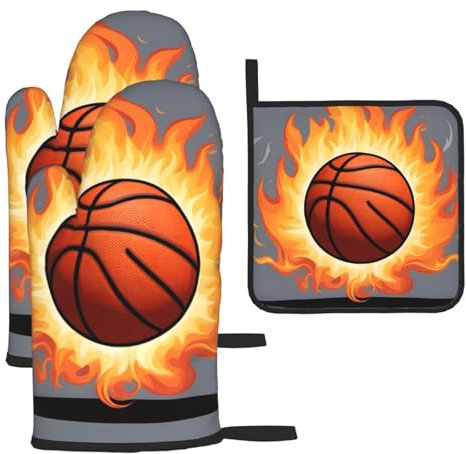 YYHHAOFA Lot de 3 gants de cuisine imperméables et durables pour four et manique pour isolation thermique Motif basketball sur feu