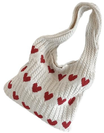 BESTYASH Gestrickte Handtasche Damen Tote Bag Mit Herzmuster Große Leichte Schultertasche Für Alltag Und Freizeit Vielseitige Häkeltasche 22.44X14.57X0.39 Zoll