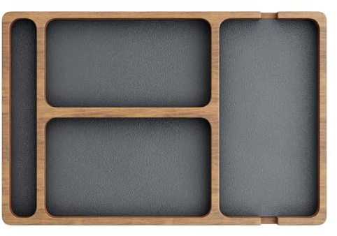 Holz Valet Tablett mit Ledereinlage Nachttisch Organizer mit Fächern für Männer und Frauen Auffangschale für Schlüssel Telefon Geldbörse Uhr Ohrhörer Geschenk Valet Tablett Nachttisch Organizer A