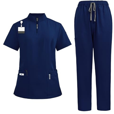 Meichoon - Uniforme de soins médicaux pour femmes - Ensemble de blouses à col en V classique - Haut à fermeture éclair - Pantalon de jogging extensible et doux - Séchage rapide DK50Bleu foncé S