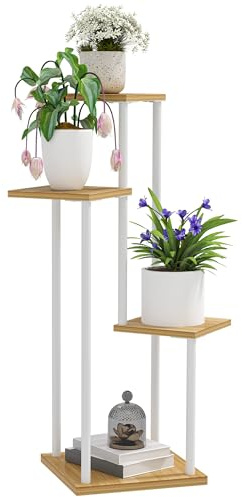 Outsunny Portapiante a 4 livelli Portapiante in legno e acciaio con 4 ripiani quadrati Portavasi per interni ed esterni 53x42x85 cm Naturale e Bianco