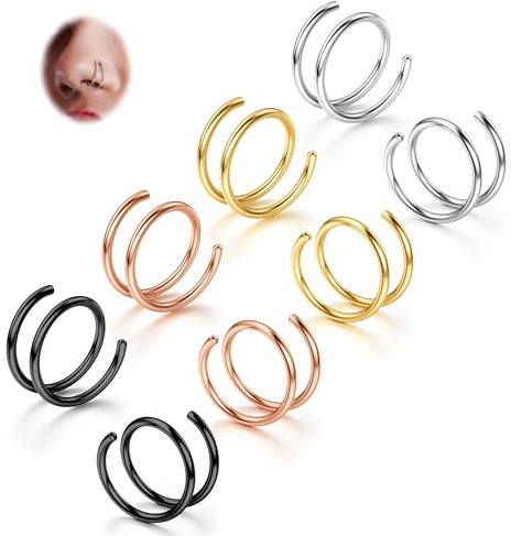 BodyBonita 2–8 Stück Weicher Nasenring aus Edelstahl 316L mit Doppelkreole für Einzel Piercing 22G 20G 18G Biegsame Gedrehte Spiral Piercing Ring für Damen Männer 8 mm 10 mm
