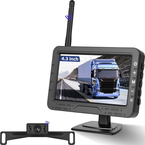 NHOPEEW Kit Inalámbrico de Cámara de Visión Trasera con Monitor de 4.3, Líneas de Aparcamiento Ajustables, Cámara de Marcha Atrás Impermeable IP68, Visión Nocturna, No Necesita Cableado
