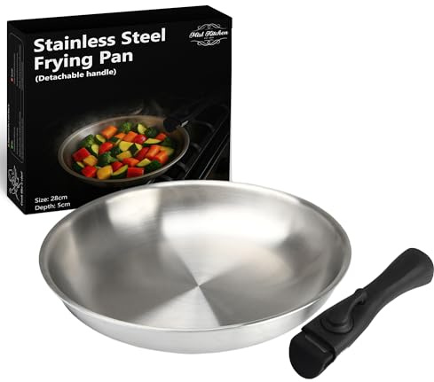 MISL HOME Bratpfannen aus Edelstahl mit abnehmbarem Griff – Induktionskochgeschirr ofenfest – platzsparende Stahlpfanne für kleine Küchen und moderne Köche – 3-lagige Bratpfanne (28 cm Pfanne)