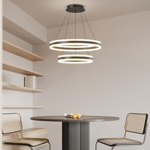 LED Modern Pendelleuchter, 2 Ringe Kreis Schwarz Deckenpendelleuchte, Dimmbar 3000K-6500K, Einstellbare Unterputz-Hängeleuchten für Esszimmer, Kücheninsel, Wohnzimmer, Büro
