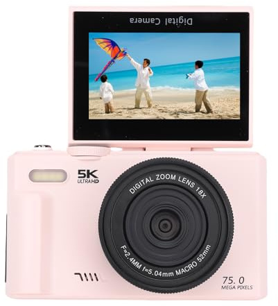 Fotocamera Digitale 5K per Fotografia, Videocamere Vlog Compatte Wi-Fi da 75 MP, Autofocus UHD, Schermo Orientabile a 180° da 3'' con Flash, Zoom 18X, Anti-vibrazione