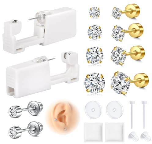 AVYRING öronpiercingkit, 2-pack smärtfri engångspiercingpistolkit med 20 g platt baksida örhängen, örhängen, hemma självöronpiercingkit verktyg och tillbehör för kvinnor män, 3mm, 4mm, 5mm, 6mm