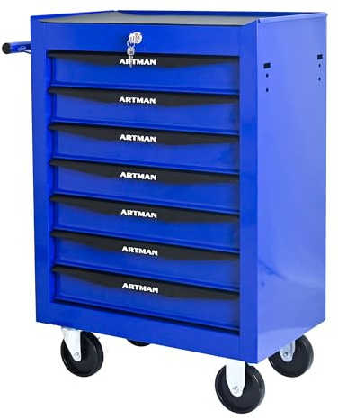 Aokleo 7 Drawers Rolling Tool Box on Wheels, Multifunctional Tool Chest Cabinet with Lock, Drawers Rolling Tool Cart Trolley Organizer Tool Storage Case for Warehouse,Garage,Workshop (Blue)