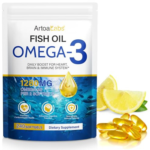 Omega 3 Olio di Pesce con 650 mg EPA e 450 mg DHA Alto Dosaggio Quotidiano, 1280 mg Omega-3s Olio di Pesce, Integratore Omega 3 e Acidi Grassi Essenziali EPA DHA, 240 Capsule Softgel