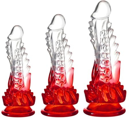 Fantasy Dildo Set, 3er-Pack (klein 17 cm, mittel 20 cm, groß 23 cm) Durchsichtiger Dildo mit rotem Farbverlauf und starkem Saugnapf für Frauen Männer und Paare