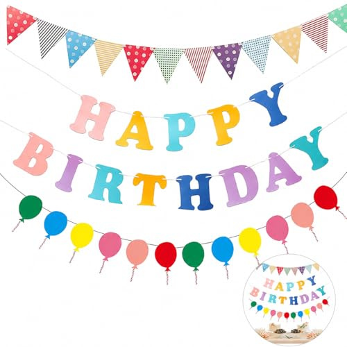 Birthday Girlande 3 Pezzi colorato Buon Compleanno Giranda Kids Birthday Decoration Set con Triangolo Banner e Motivo Palloncino, colorato Hangedeko für Party Wall Finestra Porta Interno EST